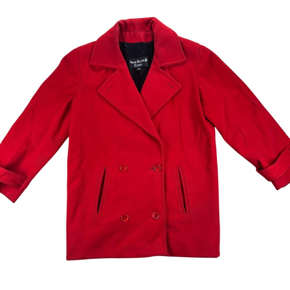 VTG Anne Klein II Pea Coat Sz 8 Red 100% Wool Double‎ Breasted Classic 80s Union